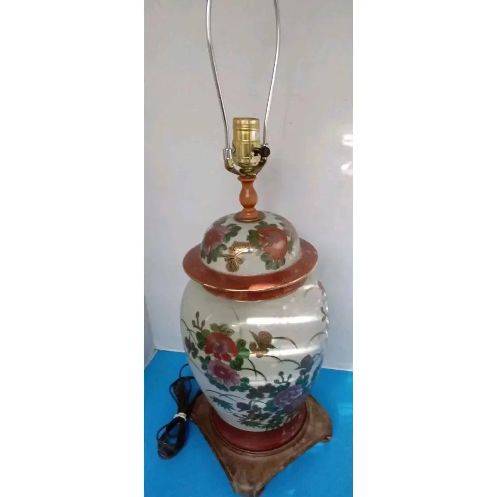 Vintage Floral Ginger Jar Lamp Asian Style Table Lamp Bedside Accent Decor‎